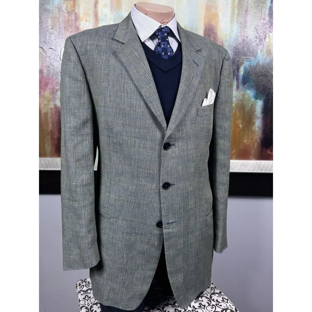 Ermenegildo Zegna Soft Blue Tan Glen Plaid Linen Wool Mohair Sport Coat 46R 56IT